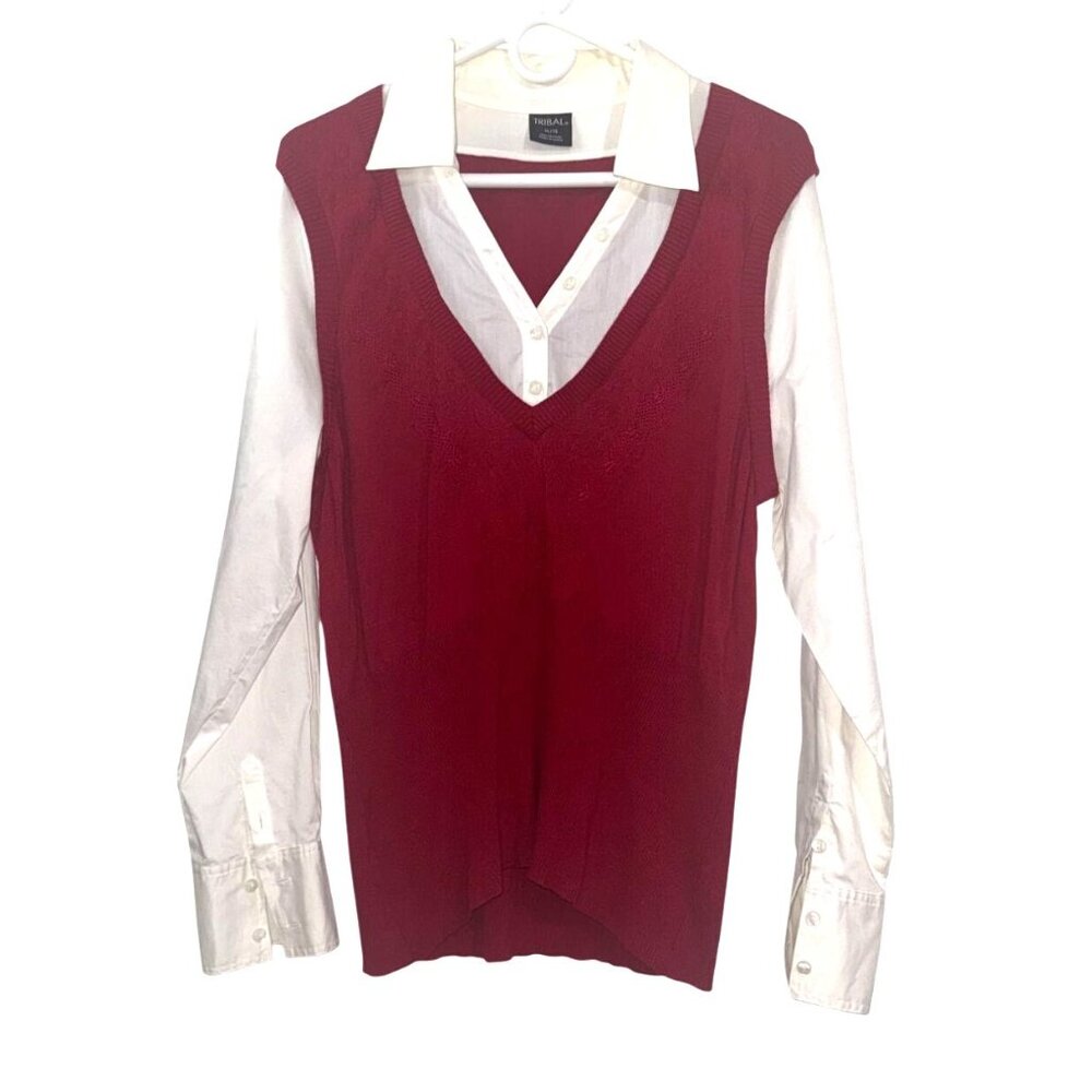 Red & White Collared Sweater Style Blouse XL By Tribal Rayon/Nylon Womens Office